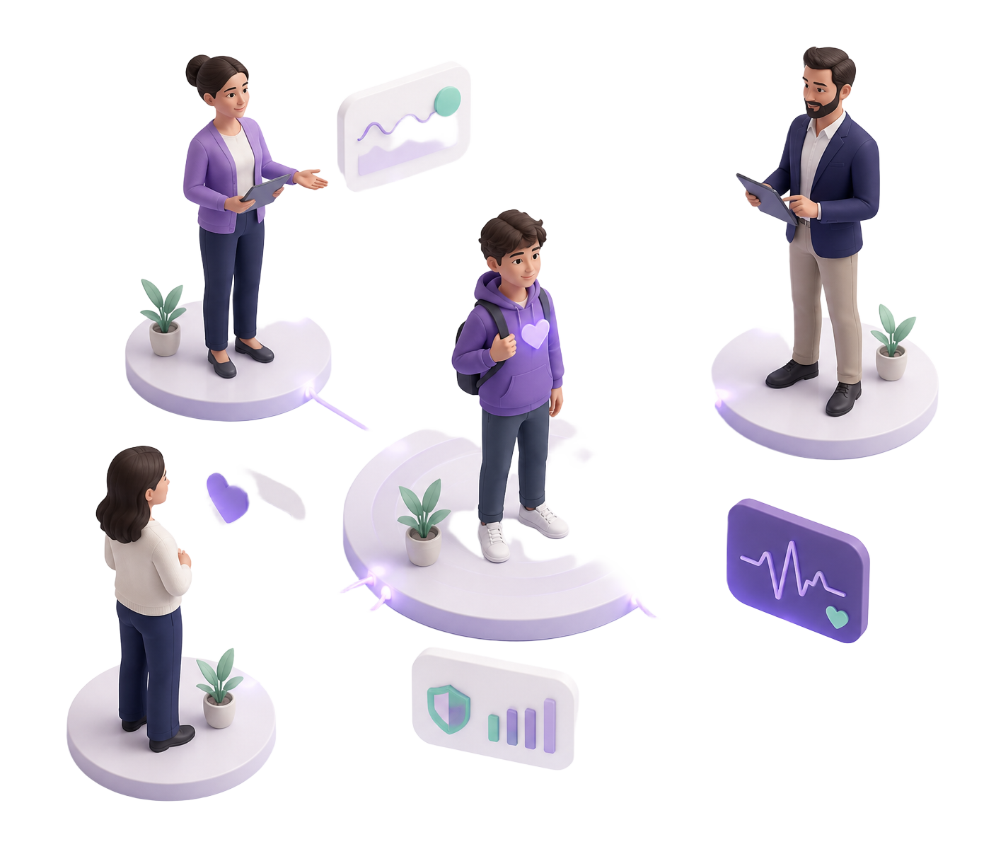An illustrated school wellbeing system connecting a student, teacher, school leader and parent